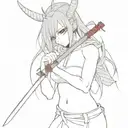 beautifull anime girl with oni mask and bloody katana in hand tattoo design idea