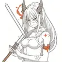 beautifull anime girl with oni mask and bloody katana in hand tattoo design idea