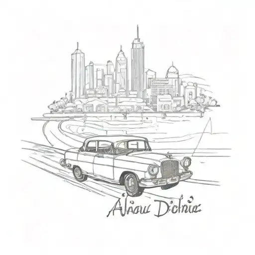 A detailed map of Abu Dhabi with a vintage car driving through its streets tattoo design idea
