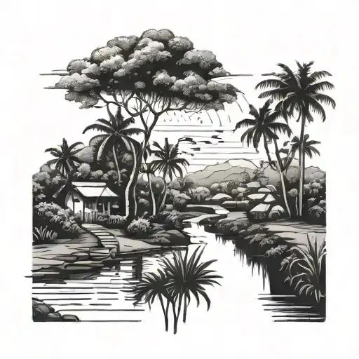 A scenic landscape tattoo of the backwaters in Kerala with a road winding through it tattoo design idea