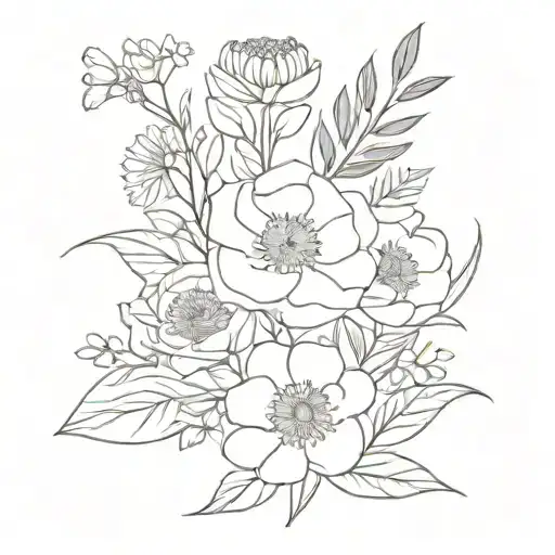 Flower Bouquet with the month flowers of june, september, February, March, and August  tattoo design idea