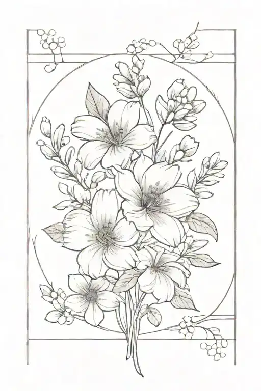 Flower Bouquet with the month flowers of june, september, February, March, and August  tattoo design idea