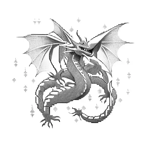 Create a tattoo of Dragonite in a video game-inspired pixel art style, with the dragon holding a camera as a nod to the client's interests tattoo design idea