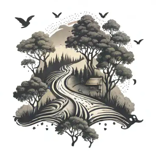 An intricate tattoo featuring a winding country road lined with trees, with a subtle nod to Texas, incorporating elements of coffee and music tattoo design idea