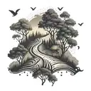 An intricate tattoo featuring a winding country road lined with trees, with a subtle nod to Texas, incorporating elements of coffee and music tattoo design idea