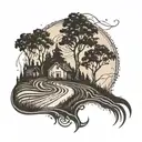 An intricate tattoo featuring a winding country road lined with trees, with a subtle nod to Texas, incorporating elements of coffee and music tattoo design idea