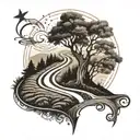 An intricate tattoo featuring a winding country road lined with trees, with a subtle nod to Texas, incorporating elements of coffee and music tattoo design idea