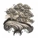 An intricate tattoo featuring a winding country road lined with trees, with a subtle nod to Texas, incorporating elements of coffee and music tattoo design idea