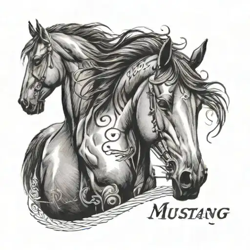 the word mustang on forearm, underneath a horse, with the date 7.05.06 tattoo design idea