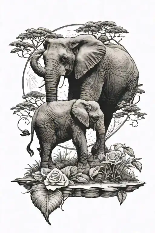 Jungle landscape, Big moon, Elephant with a rose in its trunk tattoo design idea