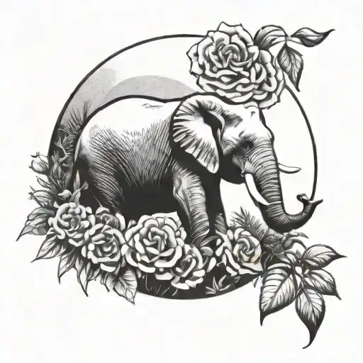Jungle landscape, Big moon, Elephant with a rose in its mouth tattoo design idea