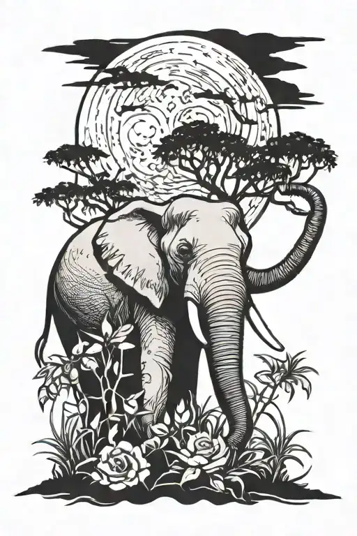 Jungle landscape, Big moon, Elephant with a rose in its mouth tattoo design idea