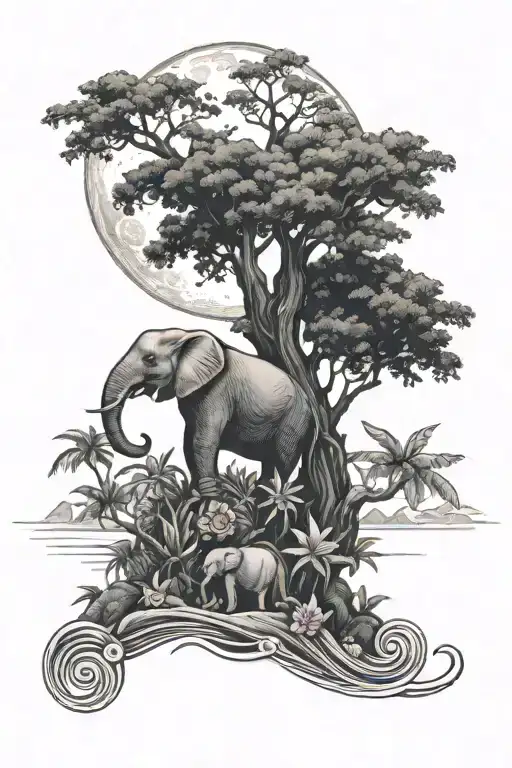 Jungle landscape, big moon, tree, elephant with rose tattoo design idea
