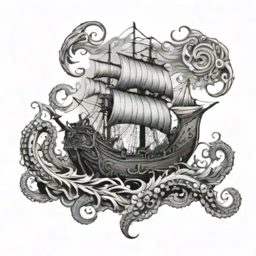viking ship with octopus battle in the coas tattoo design idea