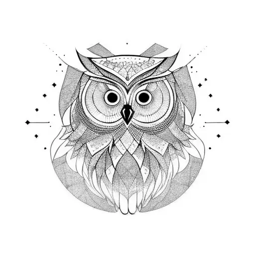 an owl that is split diagonally such that the top half is a geometric owl and the bottom half is a realistic owl tattoo design idea