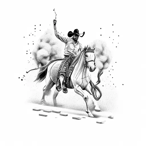 A cowboy riding a horse made of smoke, with a girl holding a cigarette in the distance tattoo design idea
