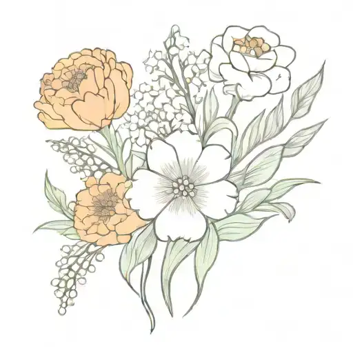 flower bouquet with marigold in the middle, carnation on the left and lily of the valley in the right tattoo design idea