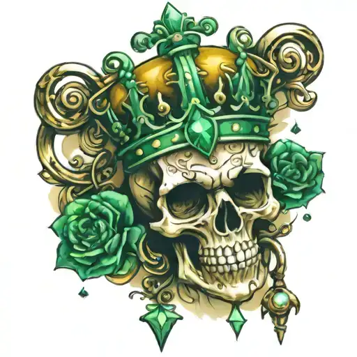 Realistic skeleton key yellowish with a crown with pearls and emeralds  tattoo design idea