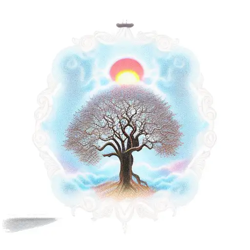 people dancing at sunrise in front of an oak tree tattoo design idea