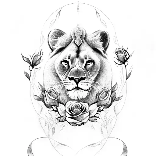 roses around the mother lion with her cub tattoo design idea