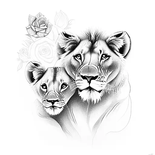 mother lion with her son with roses tattoo design idea