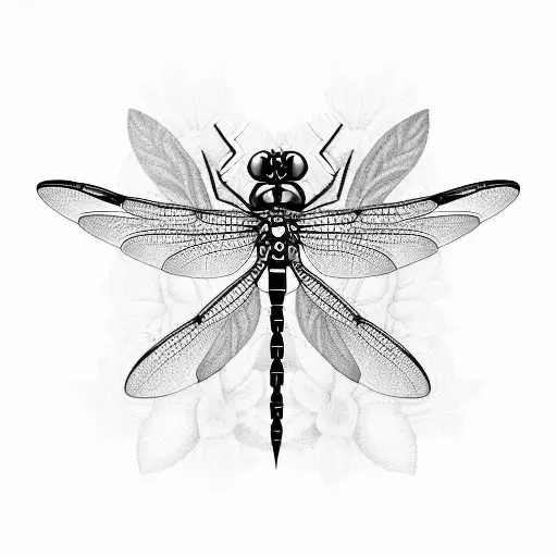A dragonfly made up of intricately detailed flowers in blackwork style, symbolizing the harmony between nature and mythical creatures tattoo design idea