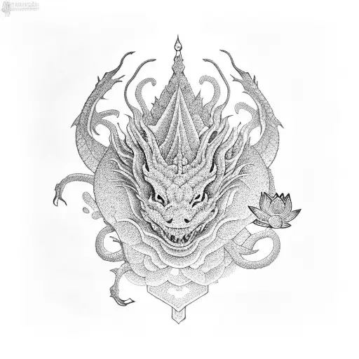 A dragon guarding a mystical garden filled with blooming lotus flowers in dotwork style, representing strength and enlightenment tattoo design idea