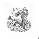 A dragon guarding a mystical garden filled with blooming lotus flowers in dotwork style, representing strength and enlightenment tattoo design idea