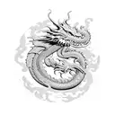 A dragon guarding a mystical garden filled with blooming lotus flowers in dotwork style, representing strength and enlightenment tattoo design idea