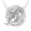 A dragon guarding a mystical garden filled with blooming lotus flowers in dotwork style, representing strength and enlightenment tattoo design idea
