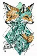 two foxes circling each other inside a diamond shape. the background is watercolour blues and greens tattoo design idea