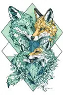 two foxes circling each other inside a diamond shape. the background is watercolour blues and greens tattoo design idea