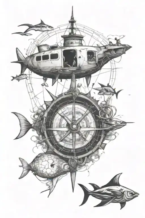 diver exploring a shipwreck whole scene depected in a compass showing marine life like manta ray, turtle, and fishes  tattoo design idea