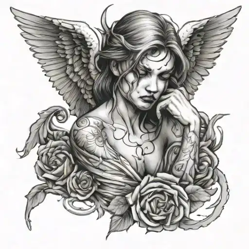 fallen angel crying face tattoo design idea