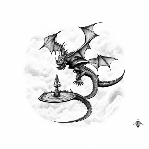 toothless (dragon) flying over hogwarts, with the letters of the one ring surrounding tattoo design idea