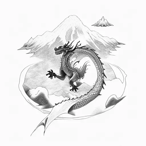 A dragon flying over a mountain range, with a quote from Lord of the Rings in elvish script tattoo design idea
