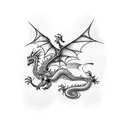 toothless (dragon) flying over hogwarts, with the letters of the one ring surrounding tattoo design idea