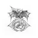 toothless (dragon) flying over hogwarts, with the letters of the one ring surrounding tattoo design idea