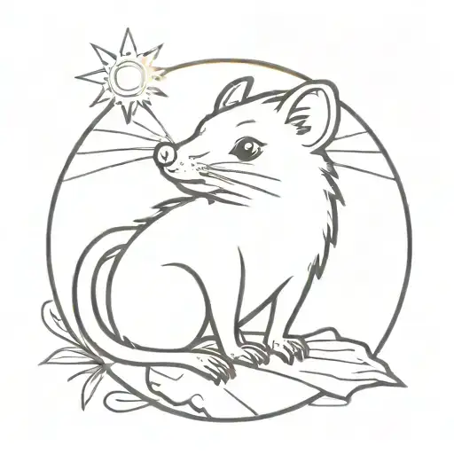 thin line cute possum with cartoon sun beams shining out of its back so it looks like the sun is part of its body  tattoo design idea
