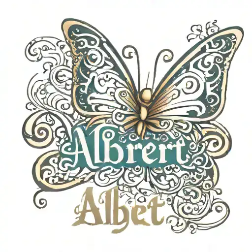 Name Albert in fancy writing with a small butterfly tattoo design idea