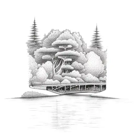 river with trees and a bridge and a boat tattoo design idea