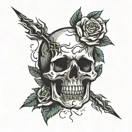 skull and roses growing inside with brain insides being striked by lightning tattoo design idea