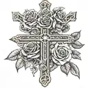 big cross with roses wrapped around it with heart with the name Ameerah on the cross  tattoo design idea
