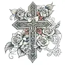 big cross with roses wrapped around it with heart with the name Ameerah on the cross  tattoo design idea