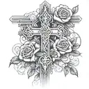 big cross with roses wrapped around it with heart with the name Ameerah on the cross  tattoo design idea