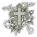 big cross with roses wrapped around it with heart with the name Ameerah on the cross  tattoo design idea