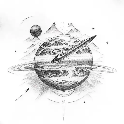  half sleves space tatoo planets like sturan jupiter uranius  and moutains aboves  tattoo design idea