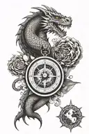 a combination of one compass and planet earth, with sunshine, and a harmless dragon meandered around it tattoo design idea