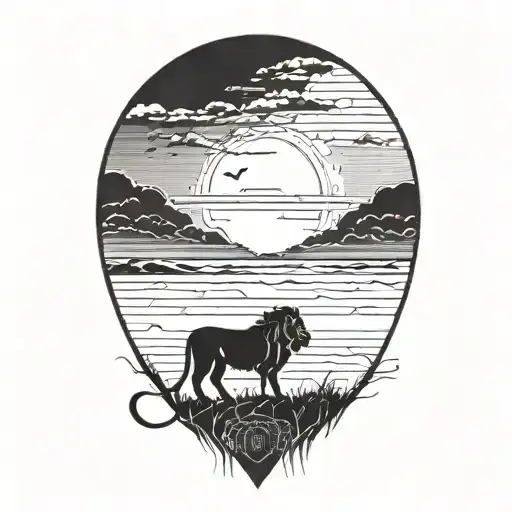 sun rise, sky, lion walking along horizon depicts the silhouette tattoo design idea