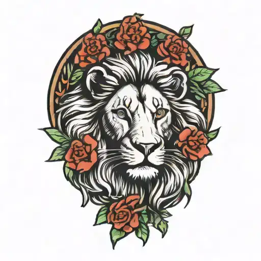 lion surrounded by a wreath tattoo design idea